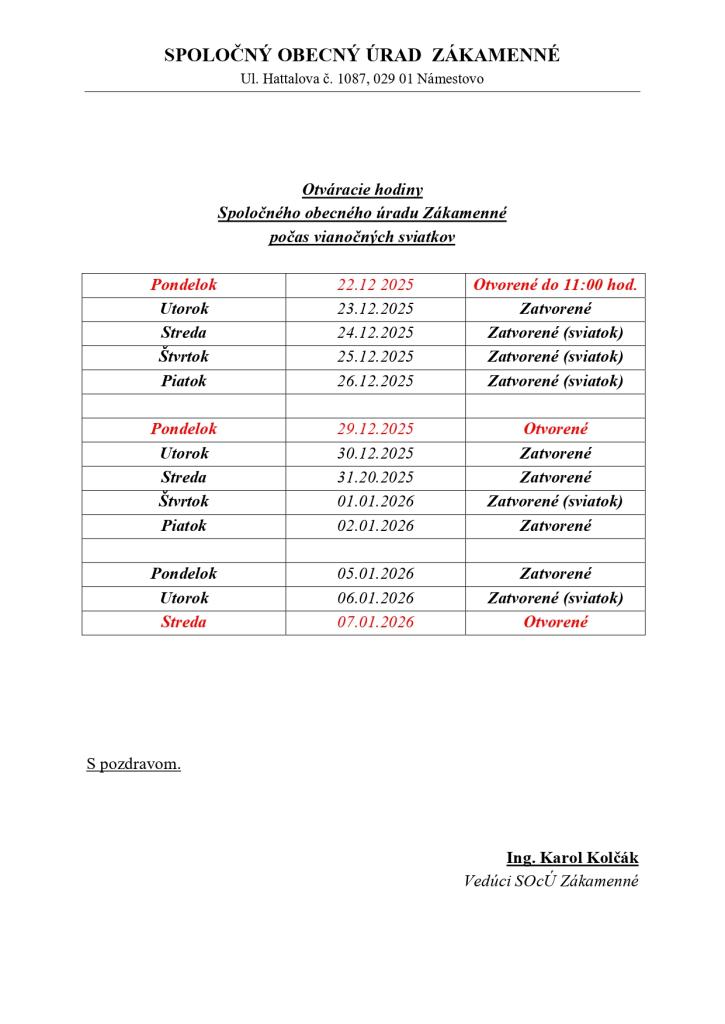 Otváracie hodiny  Spoločného obecného úradu Zákamenné  počas vianočných sviatkov 