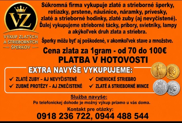 Výkup zlatých a strieborných šperkov 7. 8. 2026 na Námestí J. Vojtaššáka