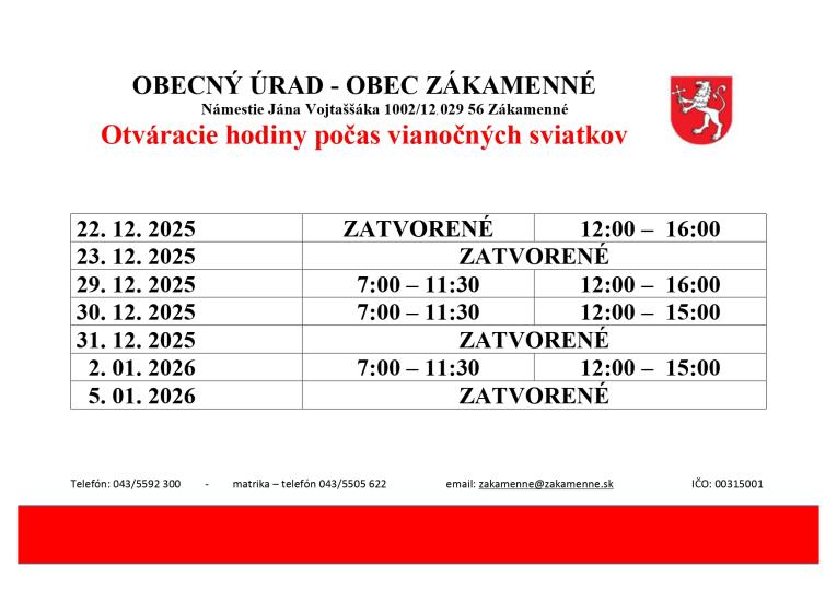 Otváracie hodiny obecného úradu počas vianočných sviatkov 2025