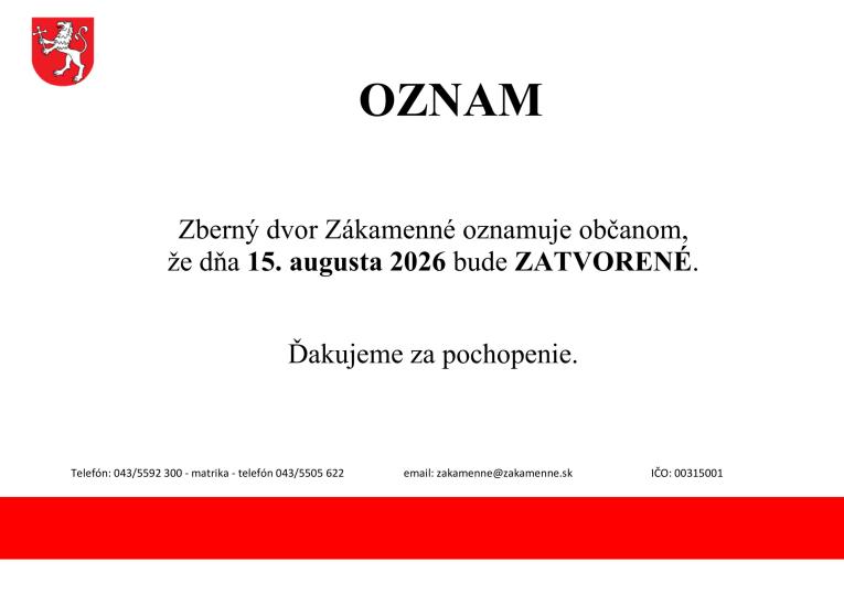Zberný dvor Zákamenné oznamuje
